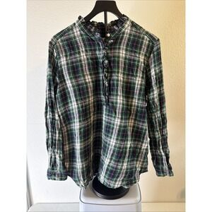 Ann Taylor LOFT Women's Green Plaid Ruffle Trim Long Sleeve Blouse Size‎ M